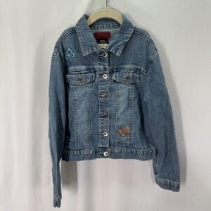 Arizona Jean Co Denim Jacket Juniors M Blue Butterfly Patch Embroidered Stretch